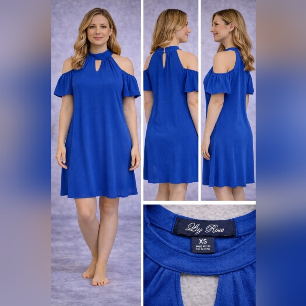 Lily Rose Cobalt Cold-Shoulder Keyhole Mini Dress